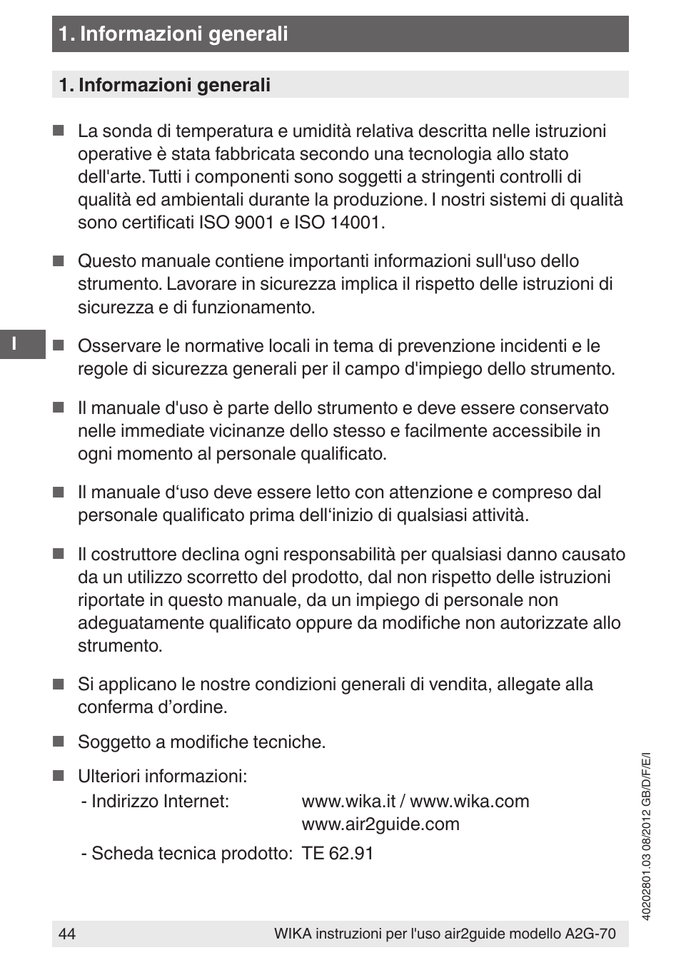 Informazioni generali | WIKA A2G-70 User Manual | Page 44 / 52