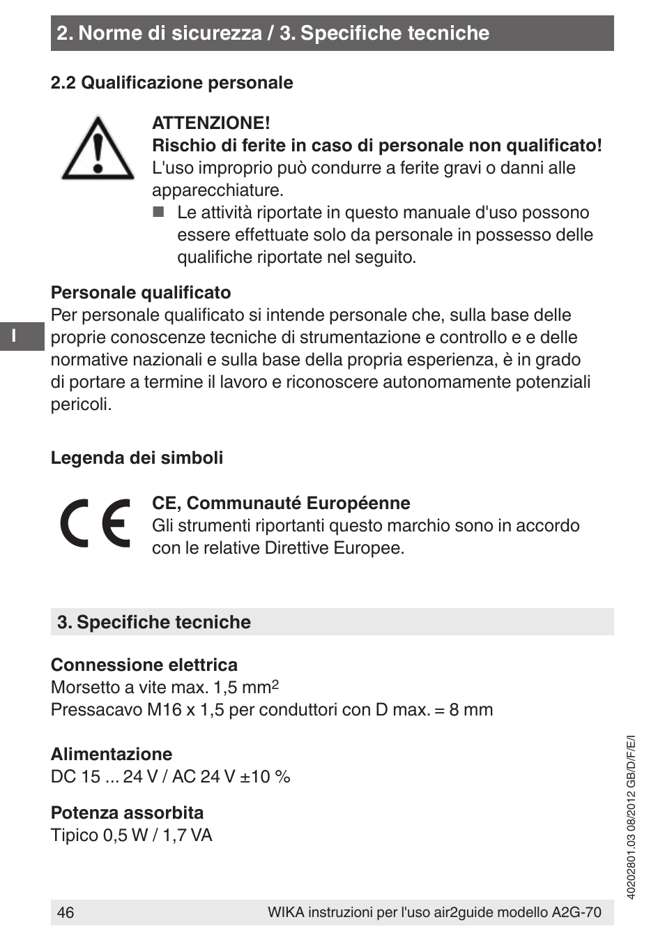 Norme di sicurezza / 3. specifiche tecniche | WIKA A2G-70 User Manual | Page 46 / 52