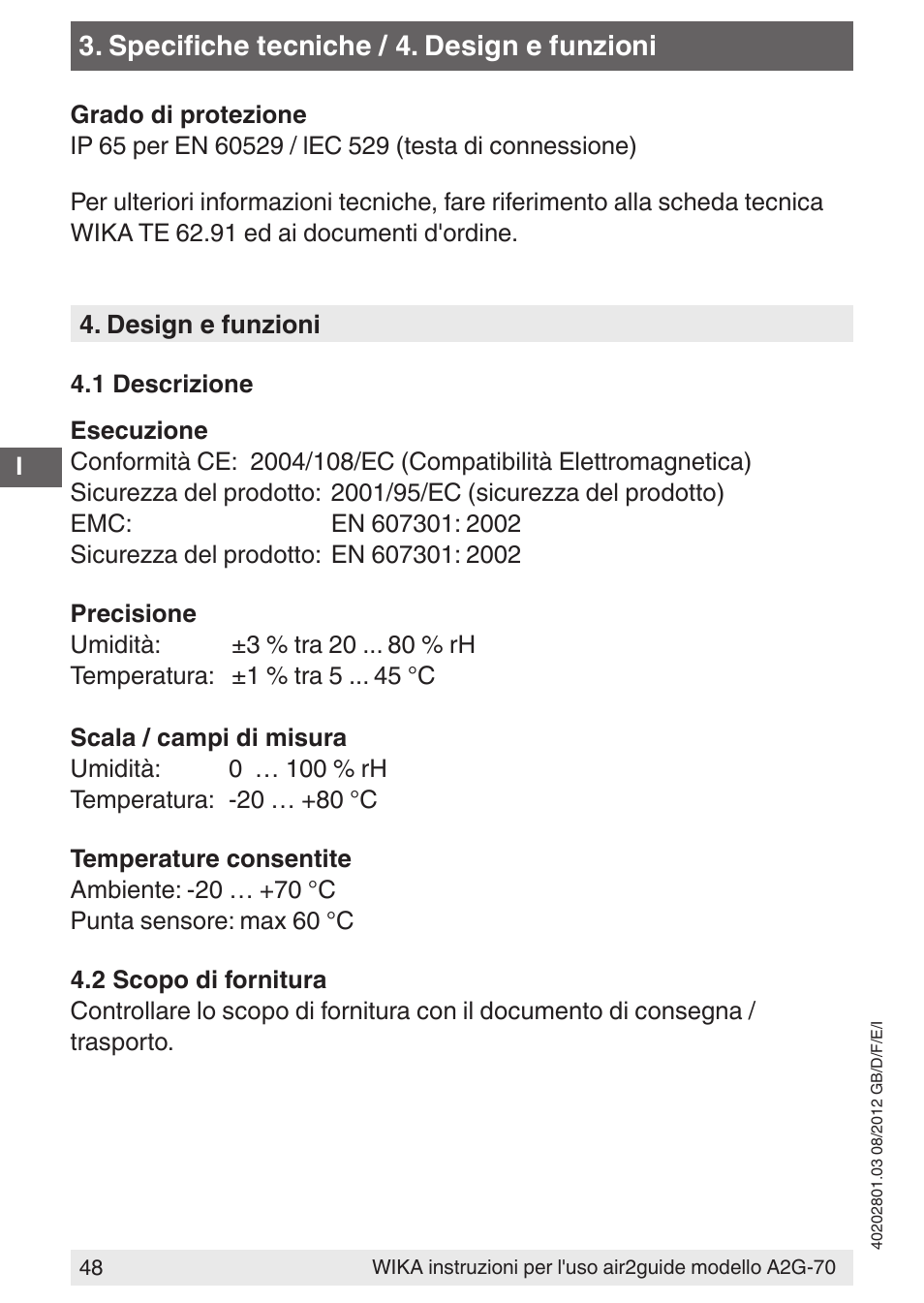 Specifiche tecniche / 4. design e funzioni | WIKA A2G-70 User Manual | Page 48 / 52