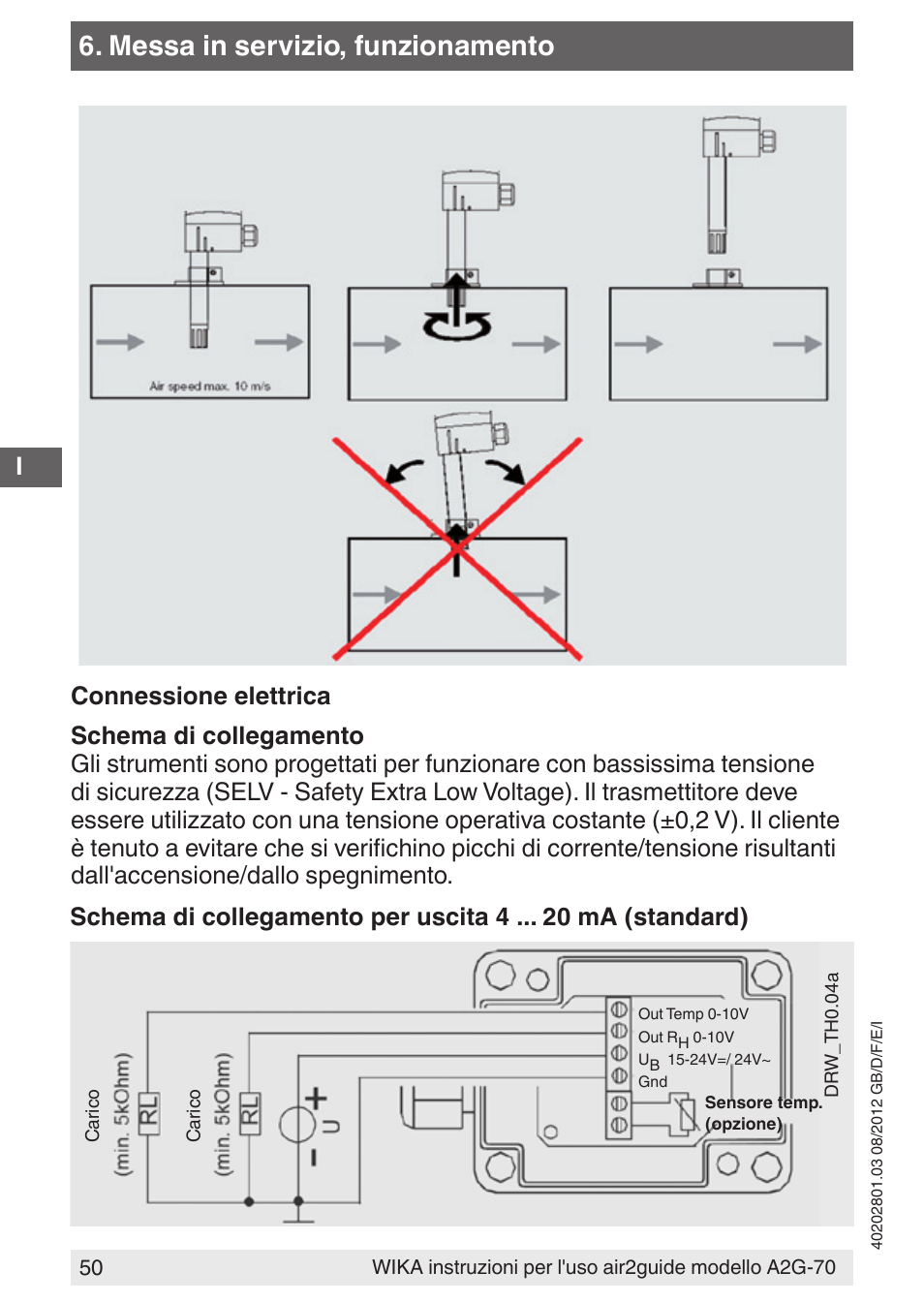 Messa in servizio, funzionamento, Schema di collegamento per uscita 4 ma (standard) | WIKA A2G-70 User Manual | Page 50 / 52