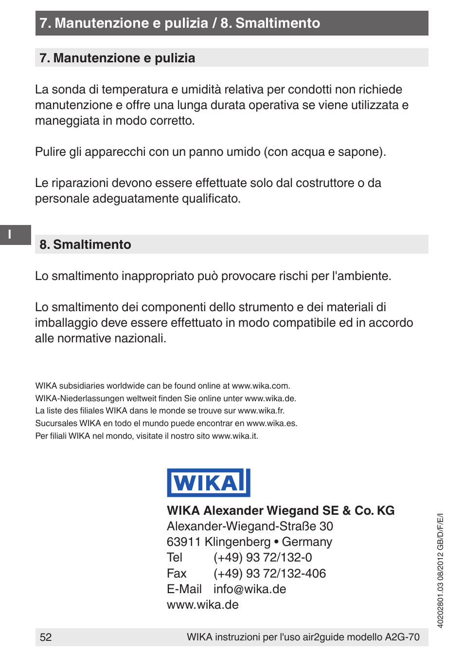 Manutenzione e pulizia / 8. smaltimento | WIKA A2G-70 User Manual | Page 52 / 52