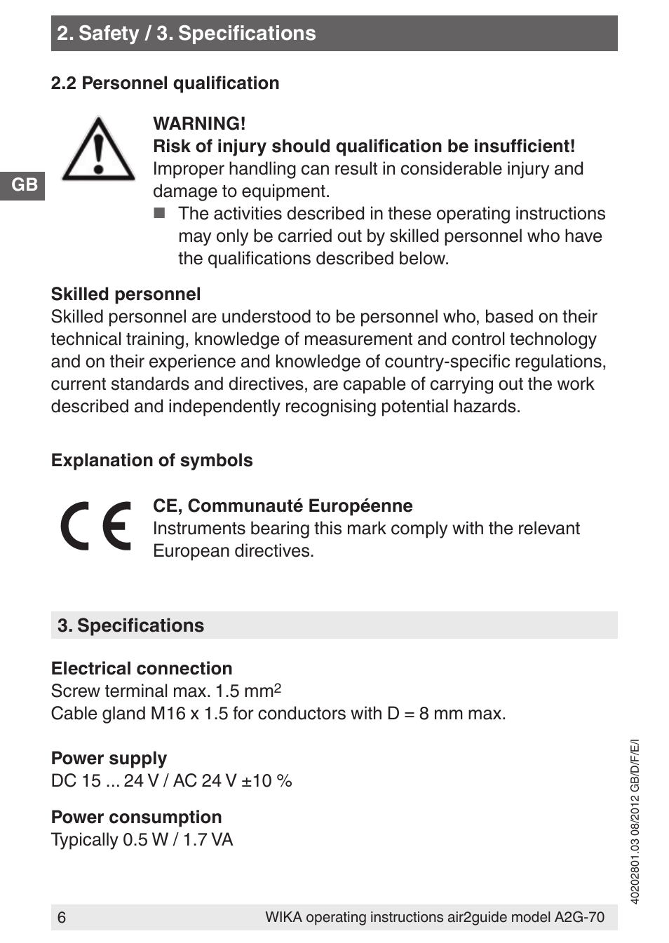 Safety / 3. specifications | WIKA A2G-70 User Manual | Page 6 / 52