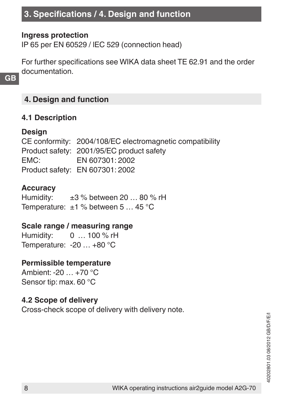 Specifications / 4. design and function | WIKA A2G-70 User Manual | Page 8 / 52