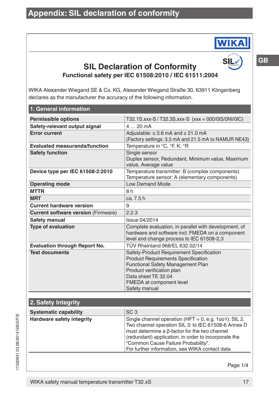 Sil declaration of conformity, Appendix: sil declaration of conformity | WIKA T32.xS User Manual | Page 17 / 64