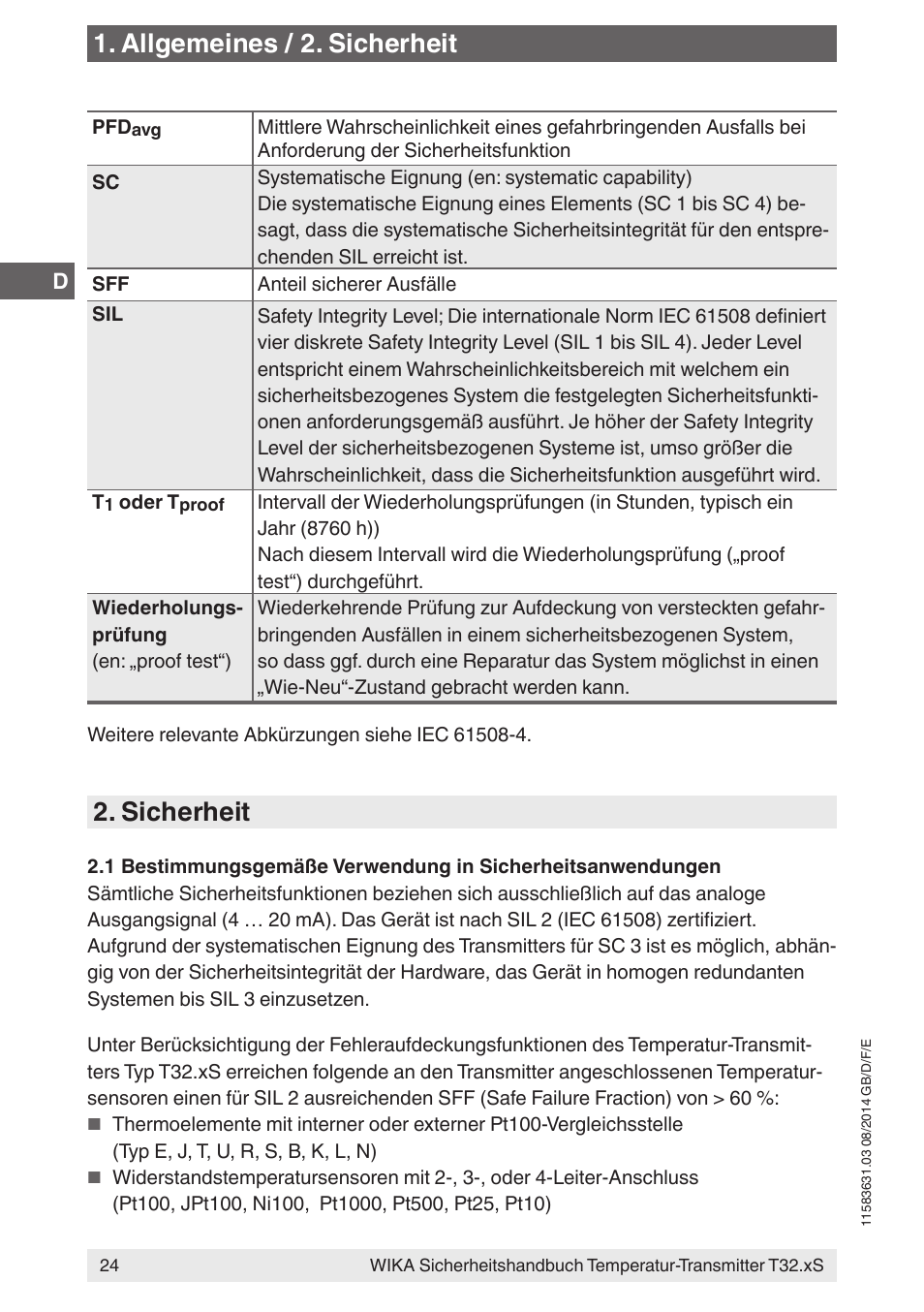 Sicherheit, Allgemeines / 2. sicherheit | WIKA T32.xS User Manual | Page 24 / 64