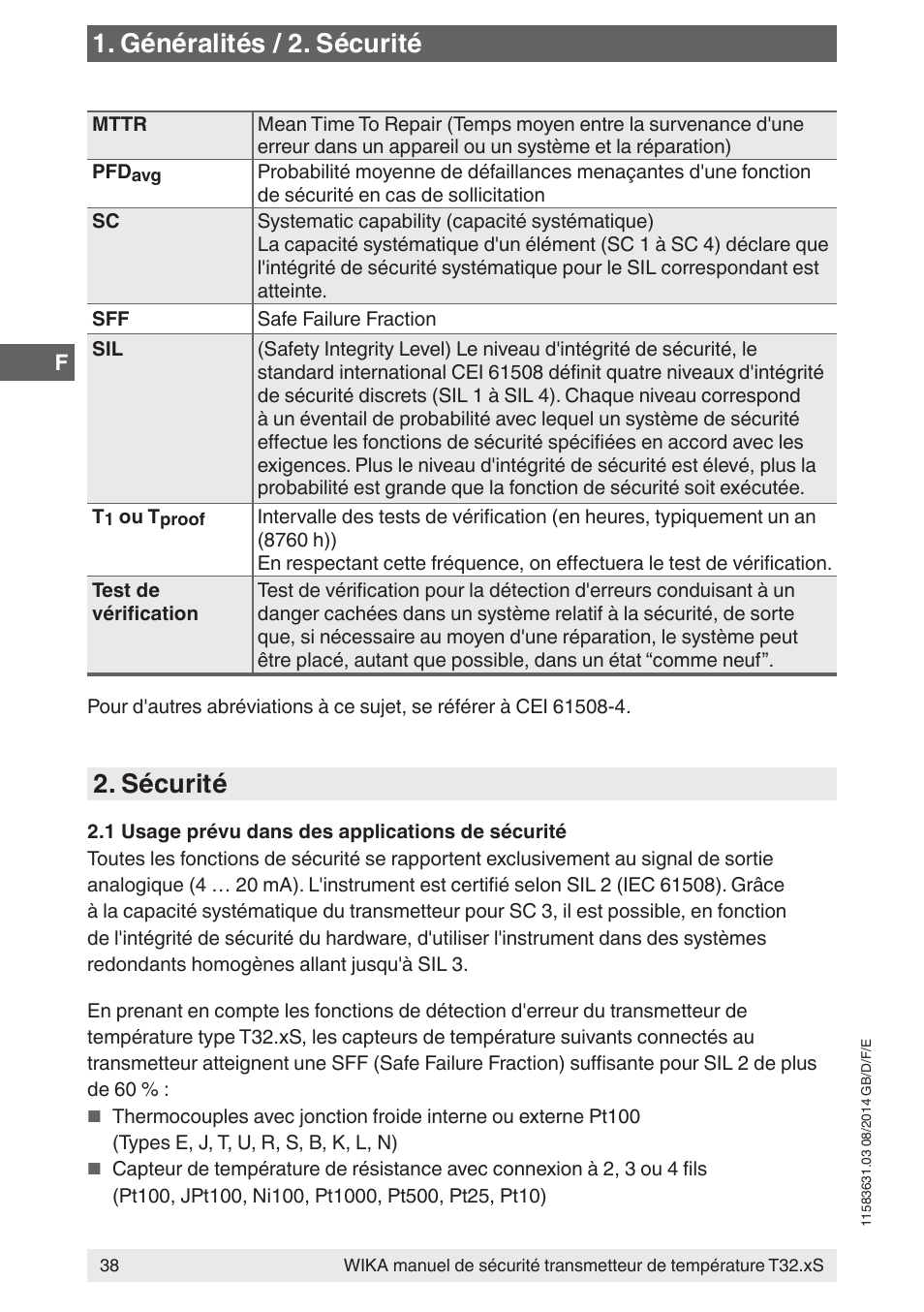 Sécurité, Généralités / 2. sécurité | WIKA T32.xS User Manual | Page 38 / 64