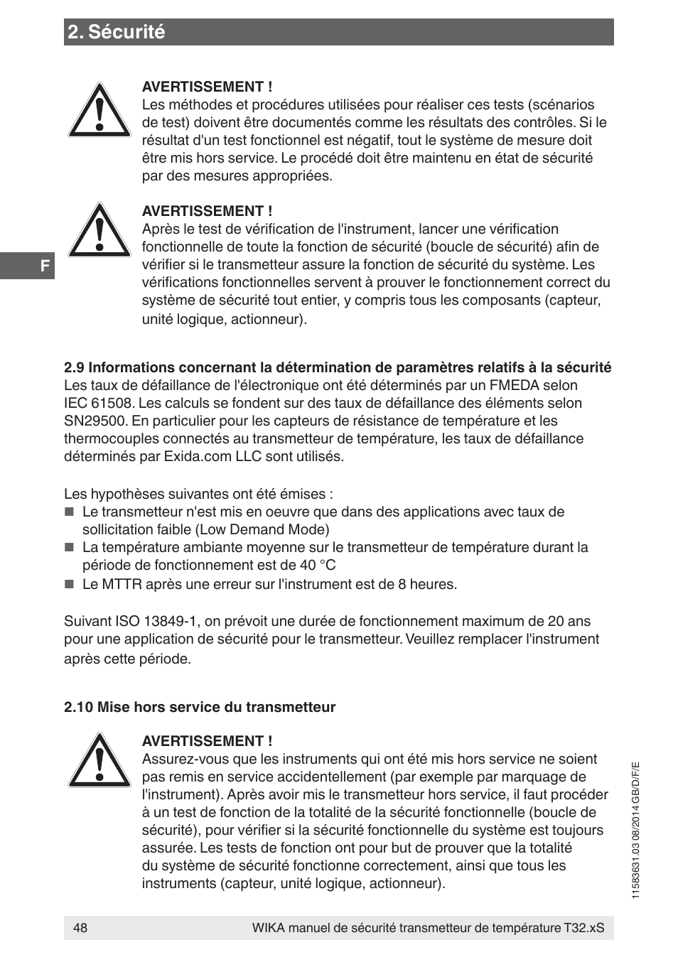 Sécurité | WIKA T32.xS User Manual | Page 48 / 64
