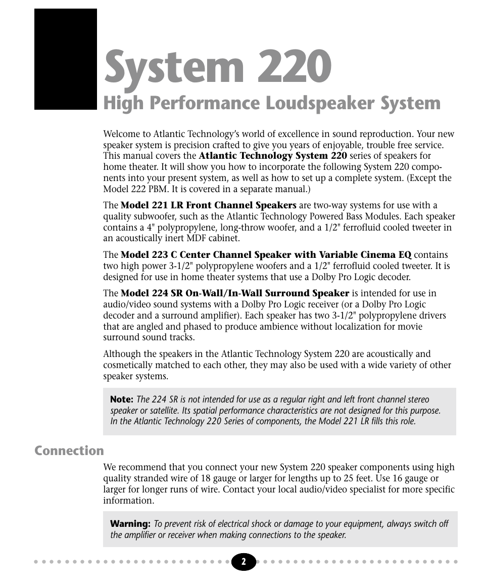 System 220, High performance loudspeaker system, Tlantic | Atlantic Technology 221 LR User Manual | Page 2 / 8