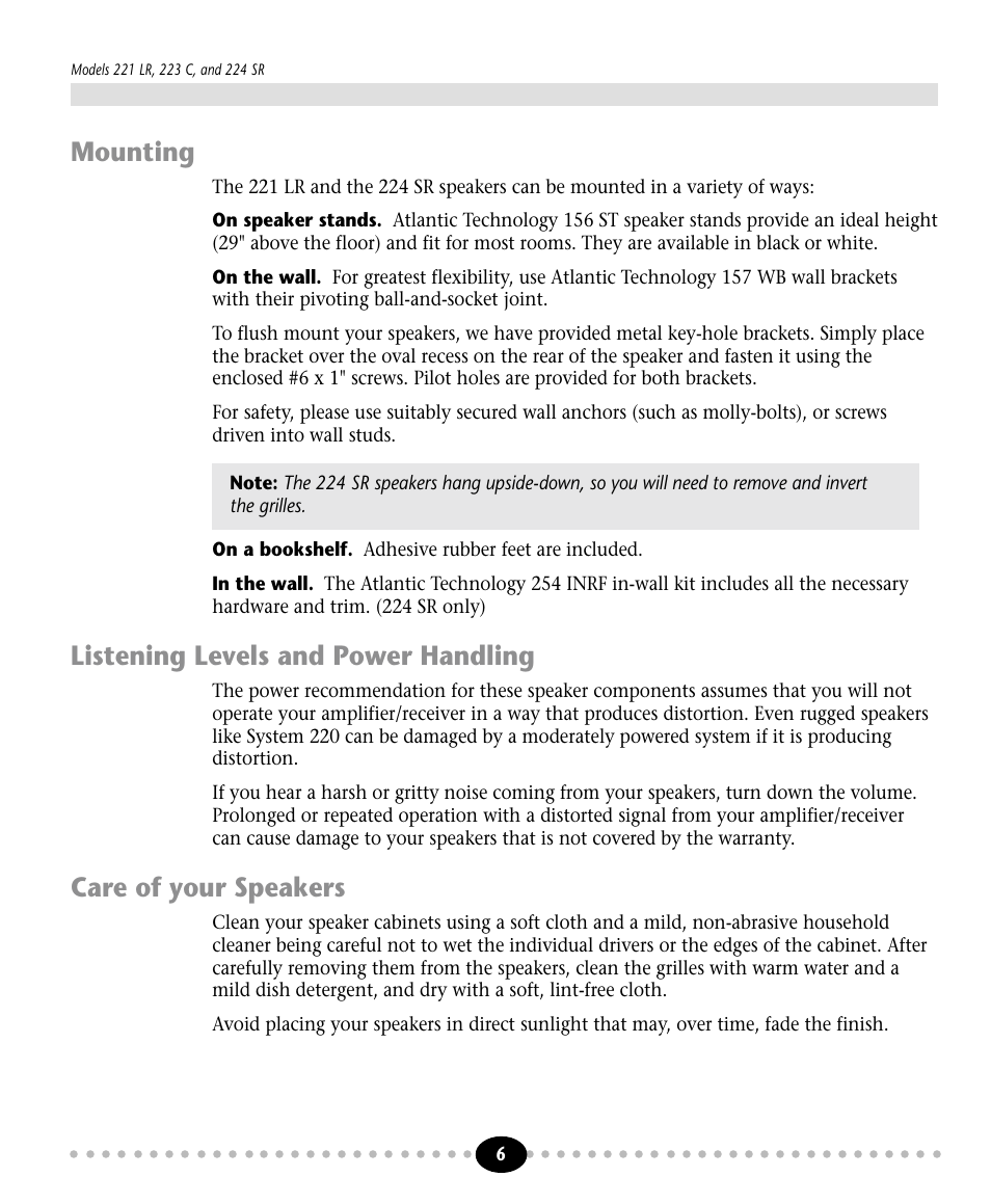 Tlantic, Mounting, Listening levels and power handling | Care of your speakers | Atlantic Technology 221 LR User Manual | Page 6 / 8