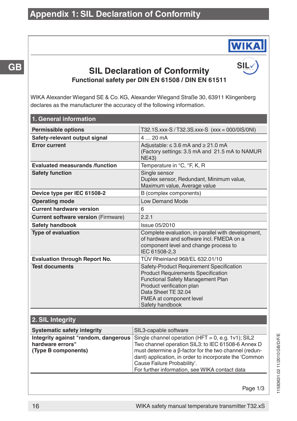 Sil declaration of conformity, Appendix 1: sil declaration of conformity | WIKA T32.xS User Manual | Page 16 / 60