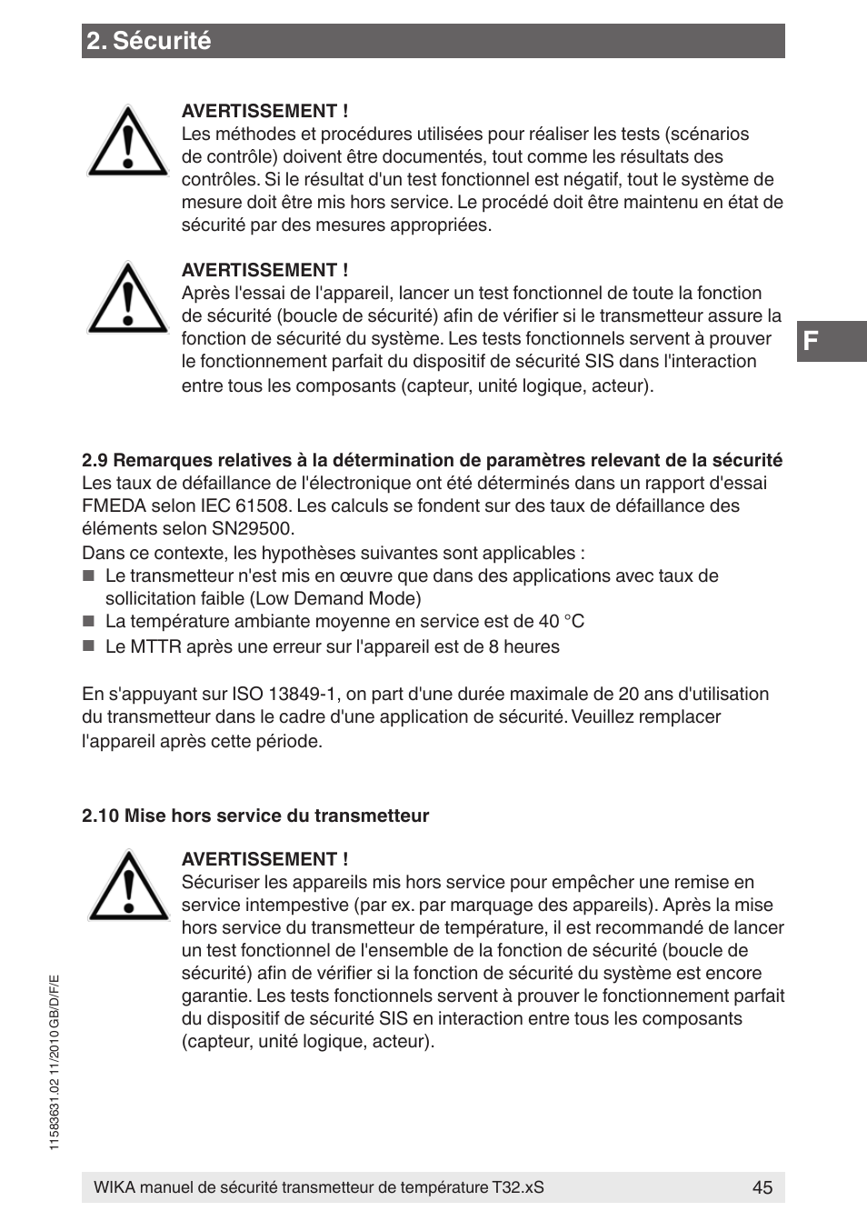 Sécurité | WIKA T32.xS User Manual | Page 45 / 60