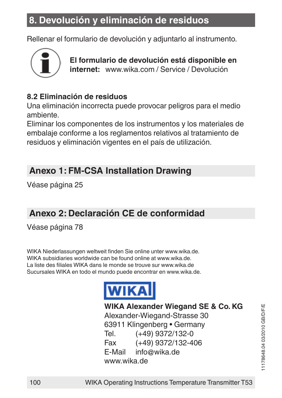 Devolución y eliminación de residuos, Anexo 1: fm-csa installation drawing, Anexo 2: declaración ce de conformidad | WIKA T53 User Manual | Page 100 / 100