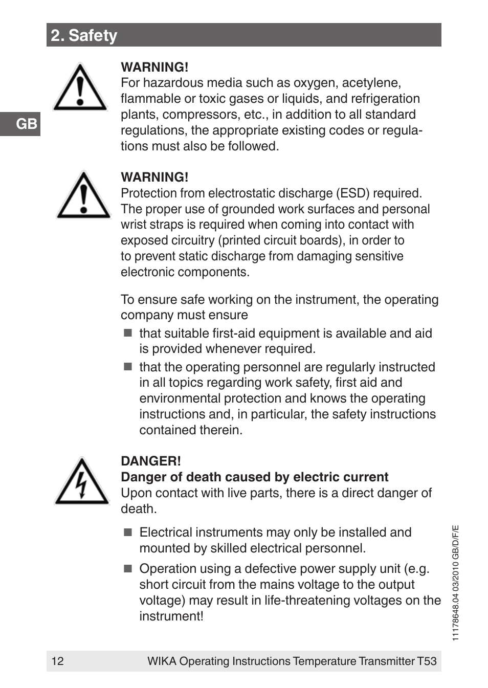 Safety | WIKA T53 User Manual | Page 12 / 100