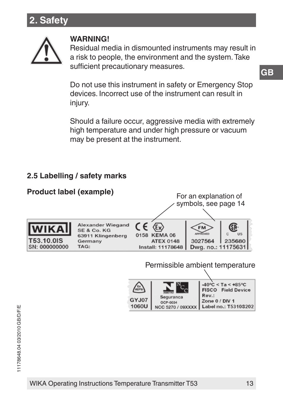 Safety | WIKA T53 User Manual | Page 13 / 100