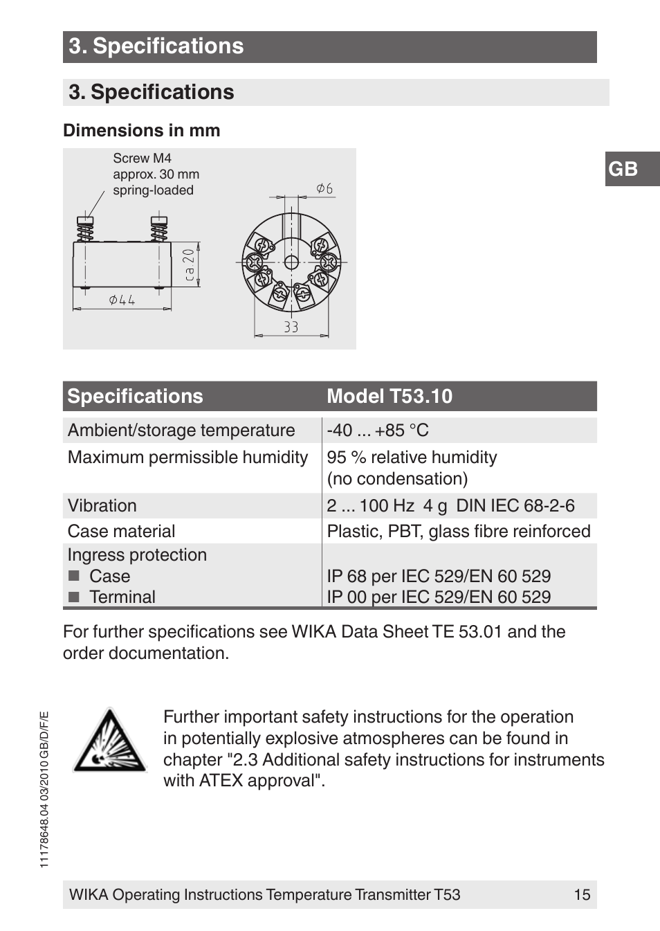 Specifications, Specifications model t53.10 | WIKA T53 User Manual | Page 15 / 100