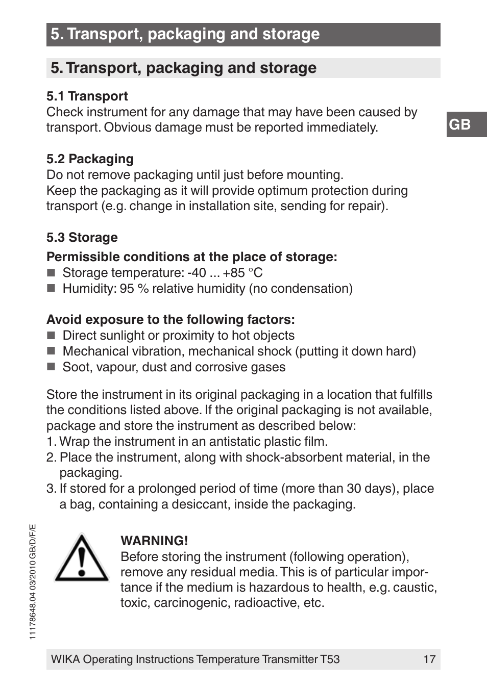 Transport, packaging and storage | WIKA T53 User Manual | Page 17 / 100