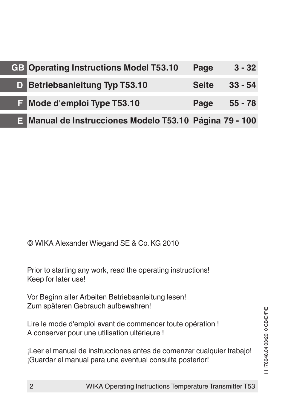 WIKA T53 User Manual | Page 2 / 100