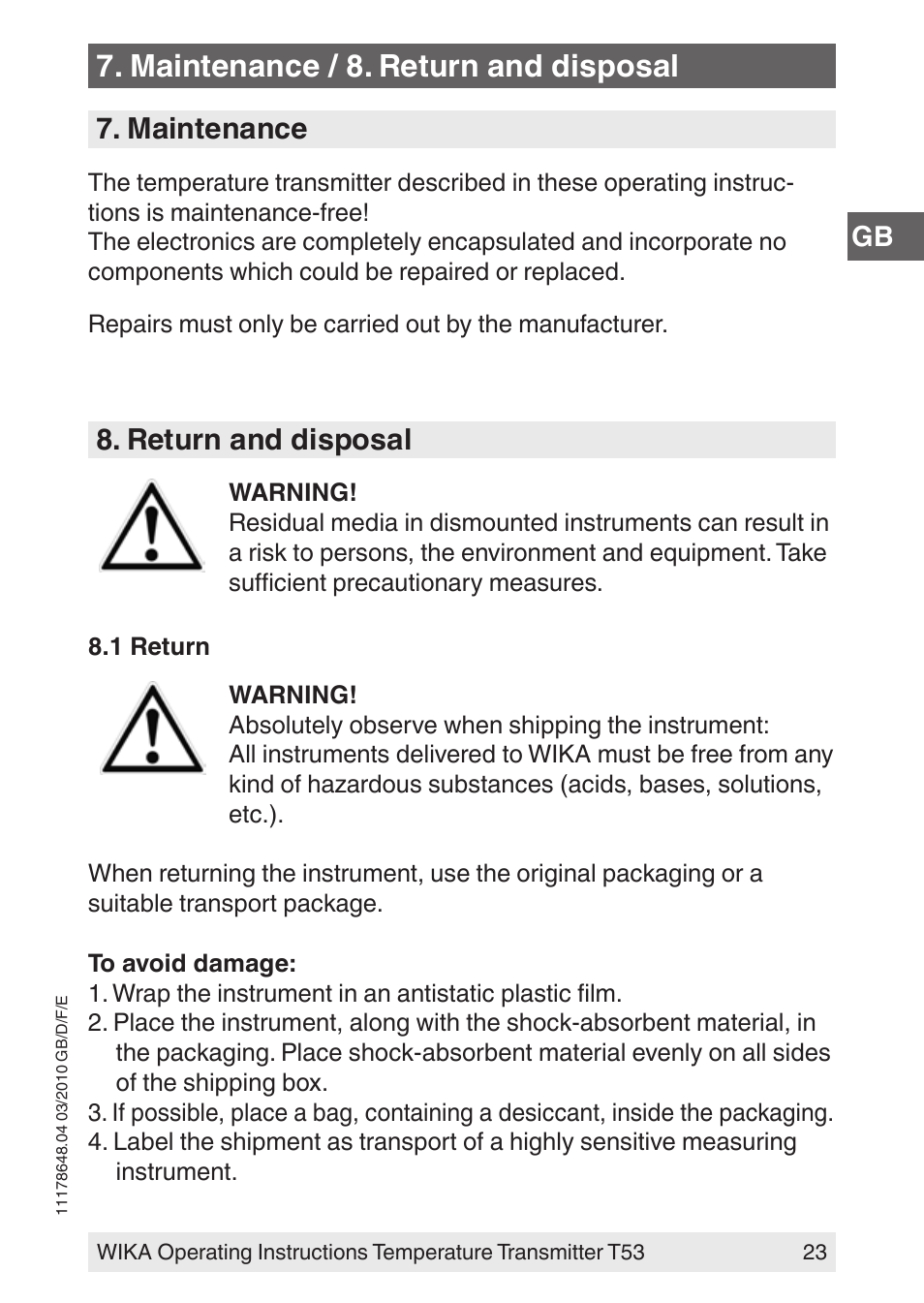 Maintenance / 8. return and disposal, Maintenance, Return and disposal | WIKA T53 User Manual | Page 23 / 100