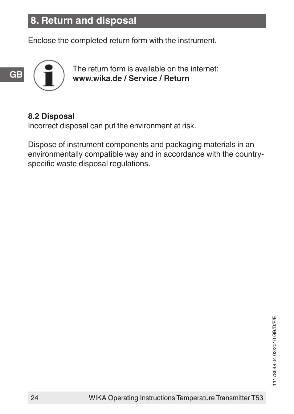 Return and disposal | WIKA T53 User Manual | Page 24 / 100