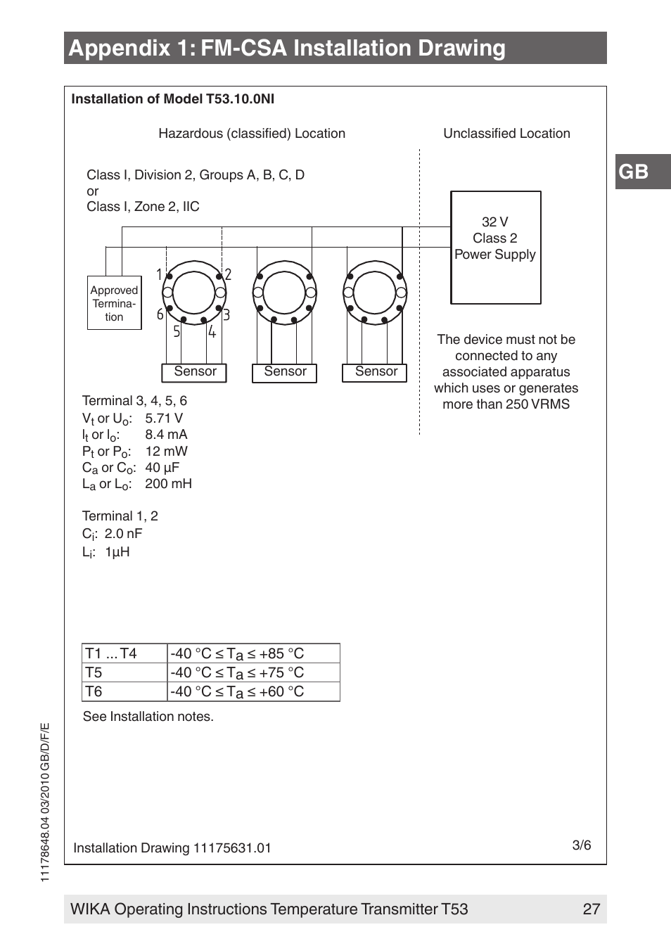 Appendix 1: fm-csa installation drawing | WIKA T53 User Manual | Page 27 / 100