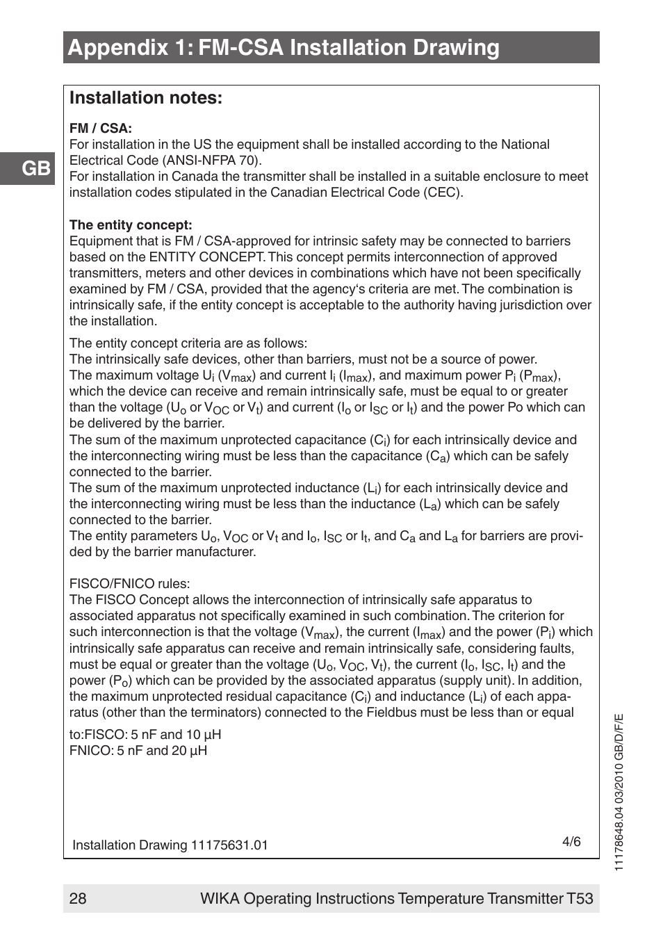 Appendix 1: fm-csa installation drawing | WIKA T53 User Manual | Page 28 / 100