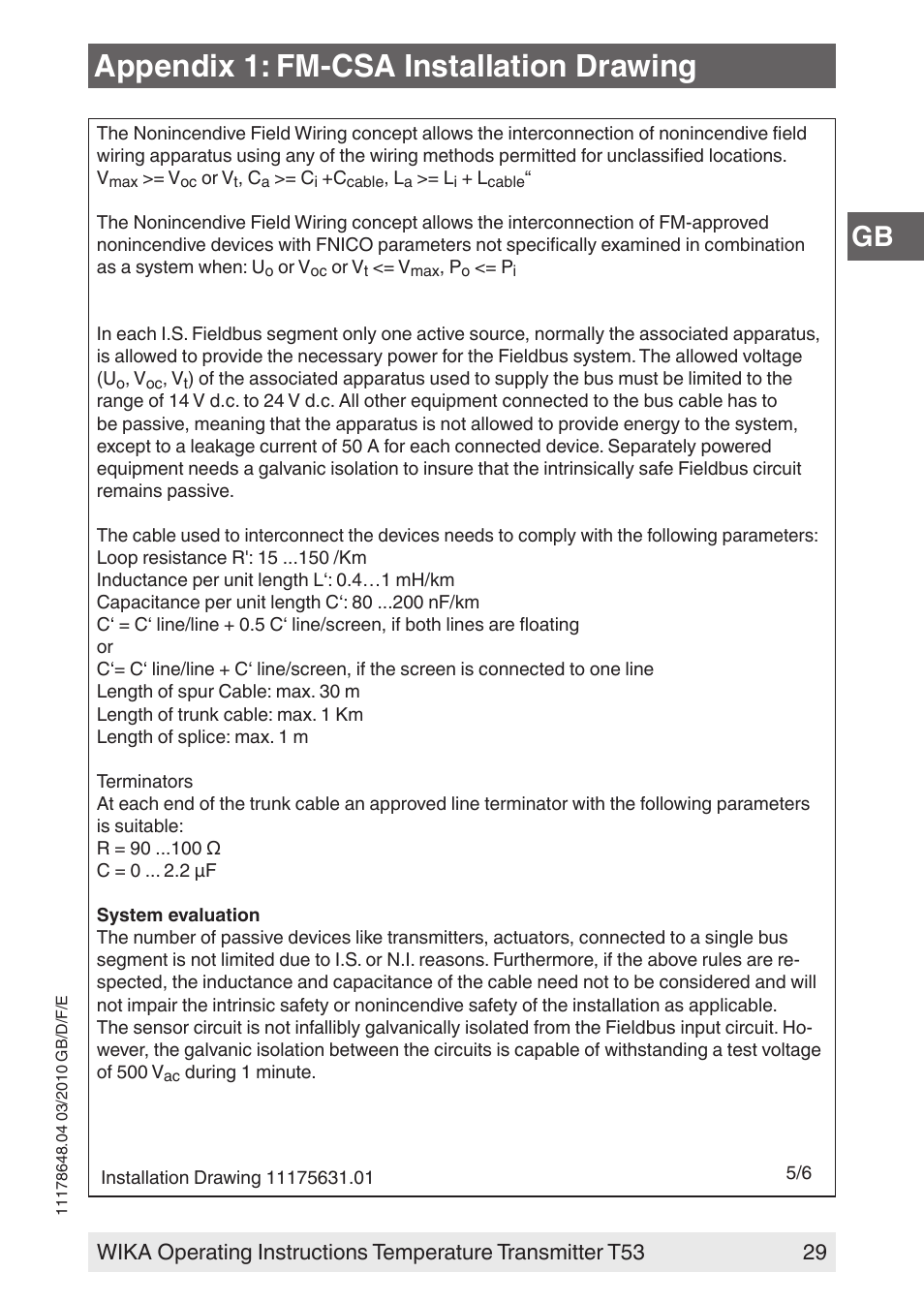 Appendix 1: fm-csa installation drawing | WIKA T53 User Manual | Page 29 / 100