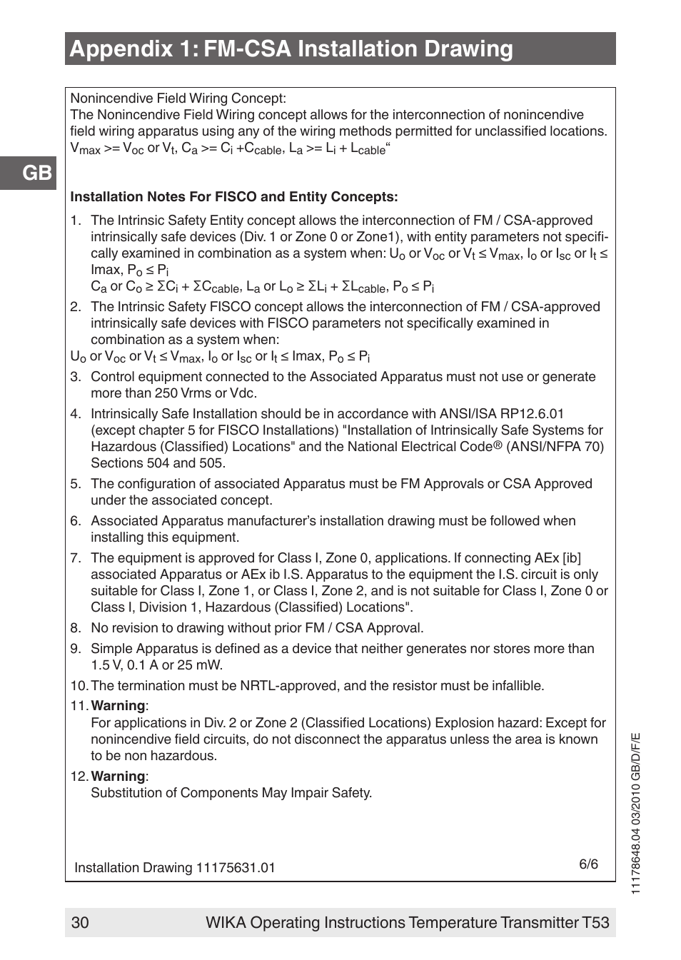 Appendix 1: fm-csa installation drawing | WIKA T53 User Manual | Page 30 / 100