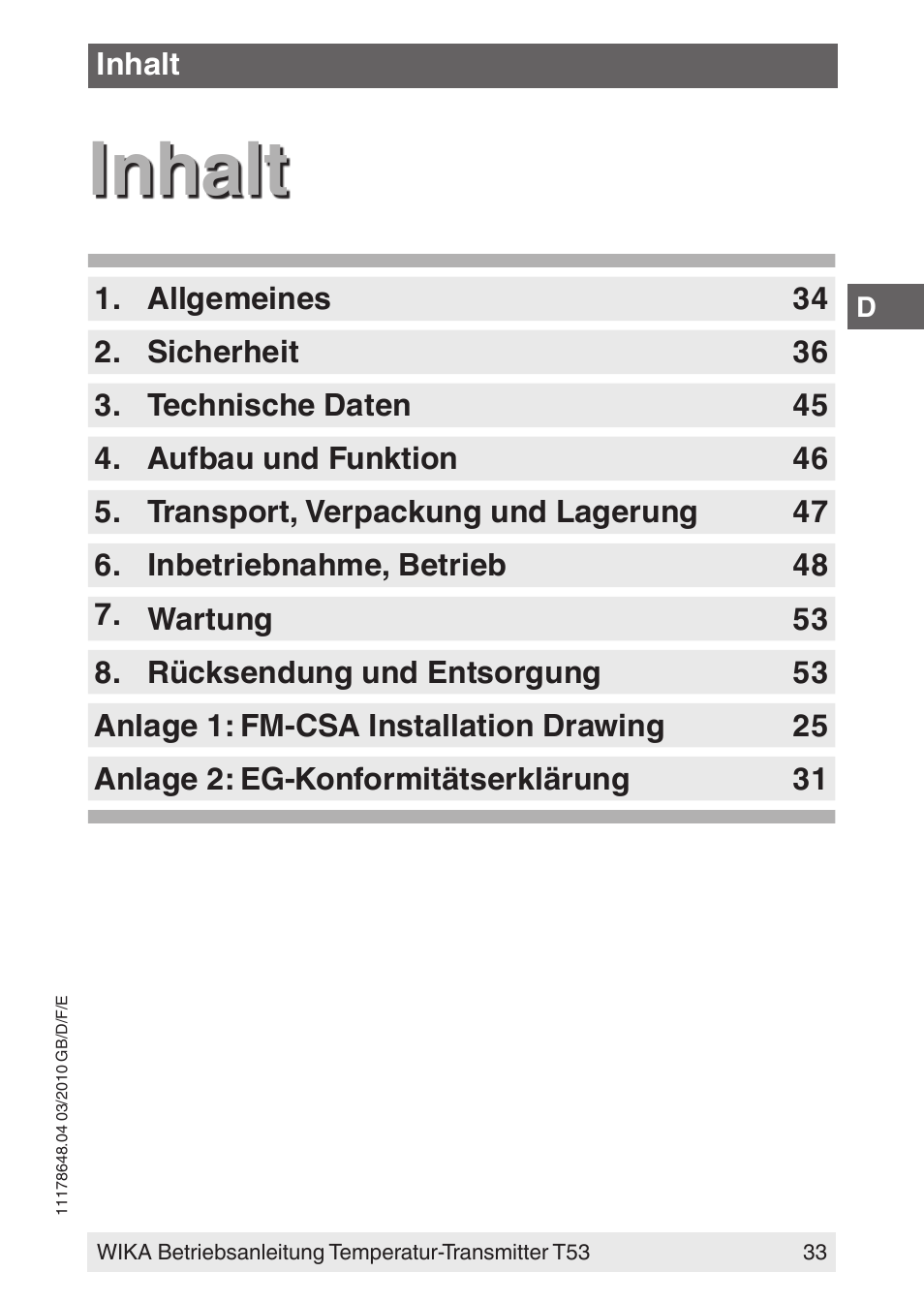 Inhalt | WIKA T53 User Manual | Page 33 / 100