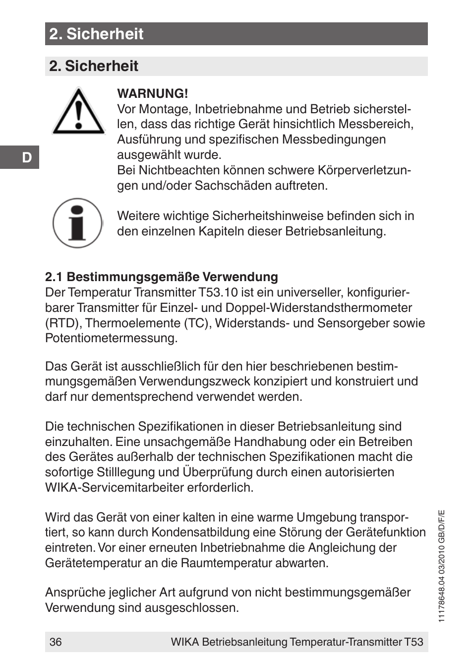 Sicherheit | WIKA T53 User Manual | Page 36 / 100