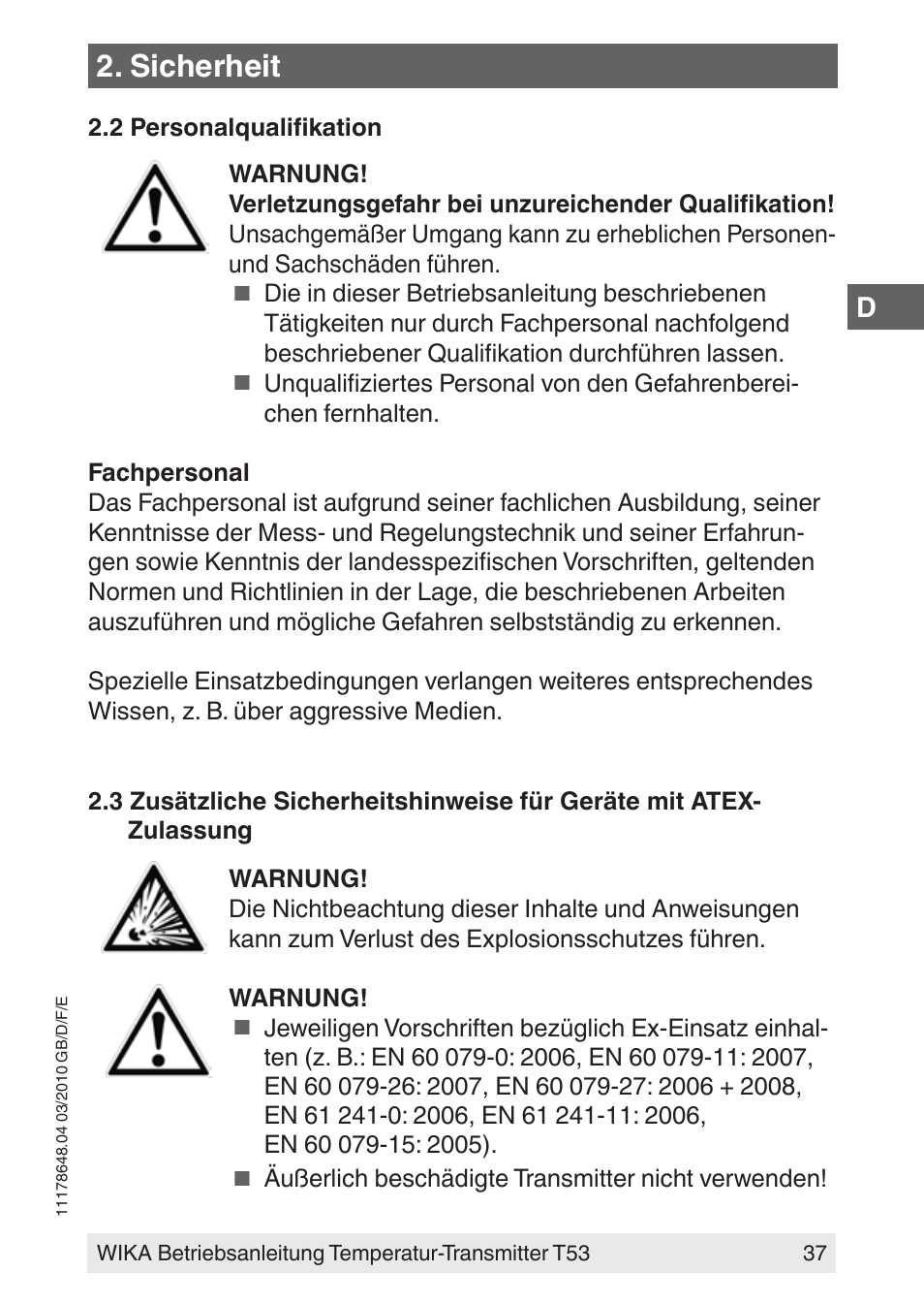 Sicherheit | WIKA T53 User Manual | Page 37 / 100