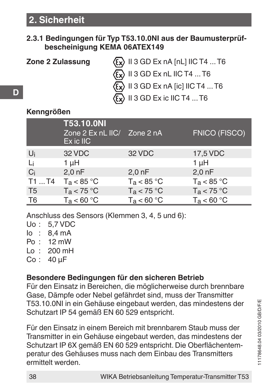 Sicherheit | WIKA T53 User Manual | Page 38 / 100