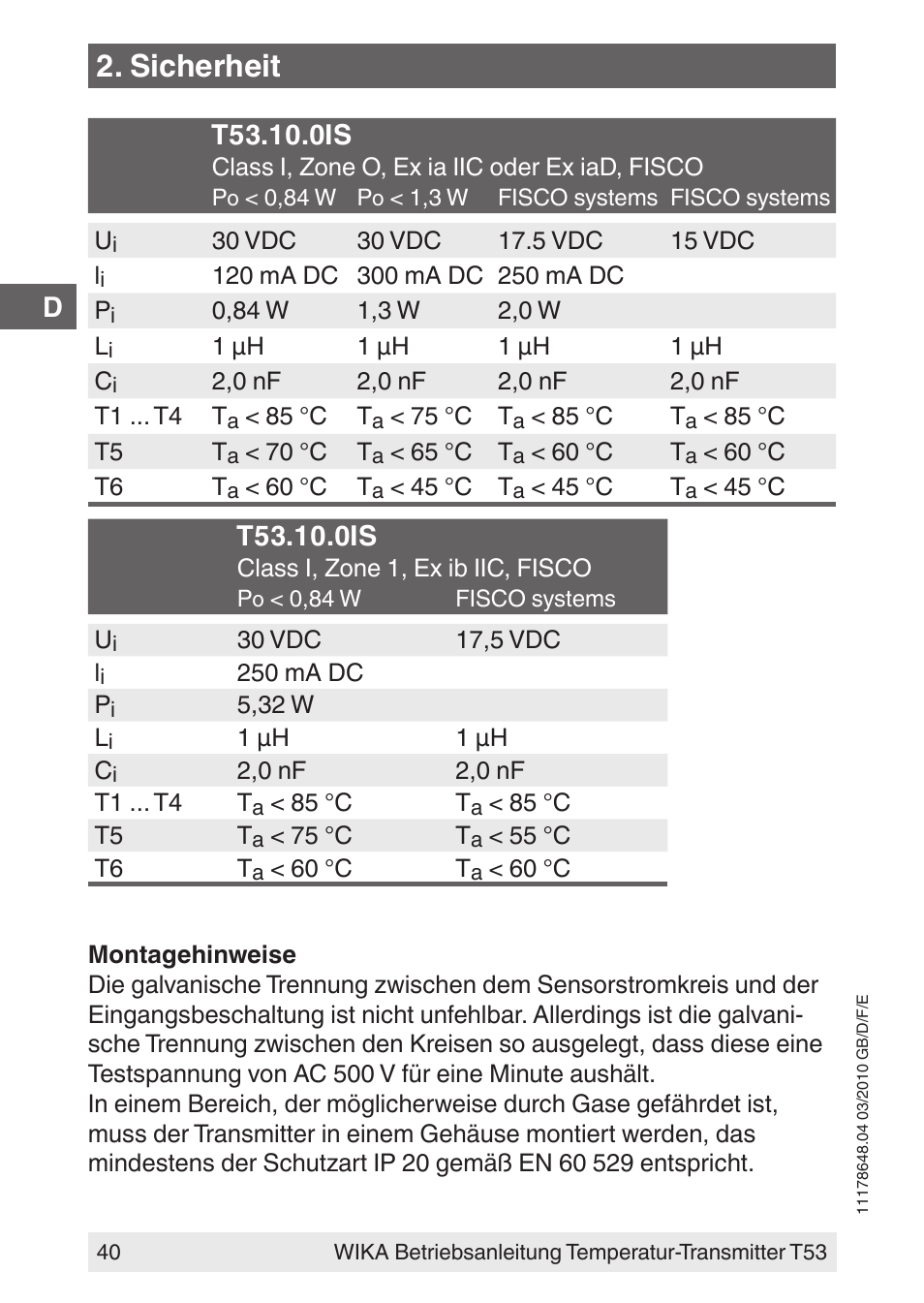 Sicherheit | WIKA T53 User Manual | Page 40 / 100