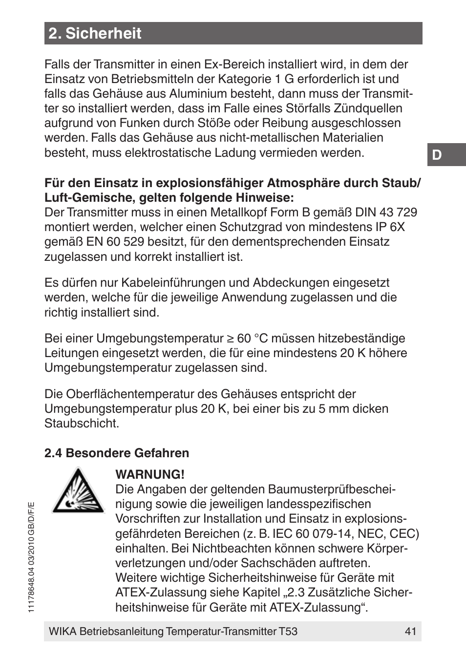 Sicherheit | WIKA T53 User Manual | Page 41 / 100