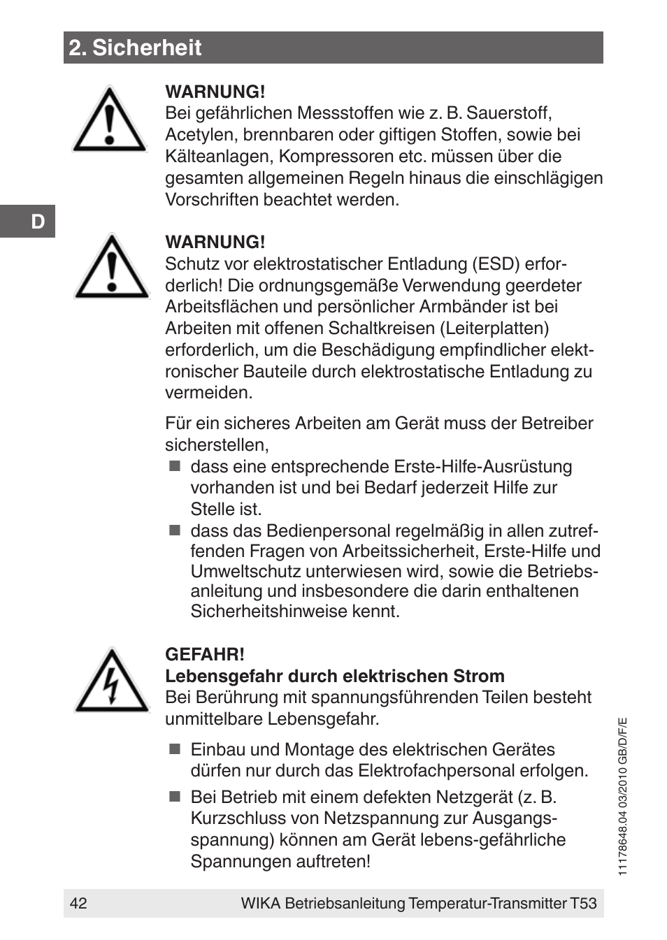 Sicherheit | WIKA T53 User Manual | Page 42 / 100