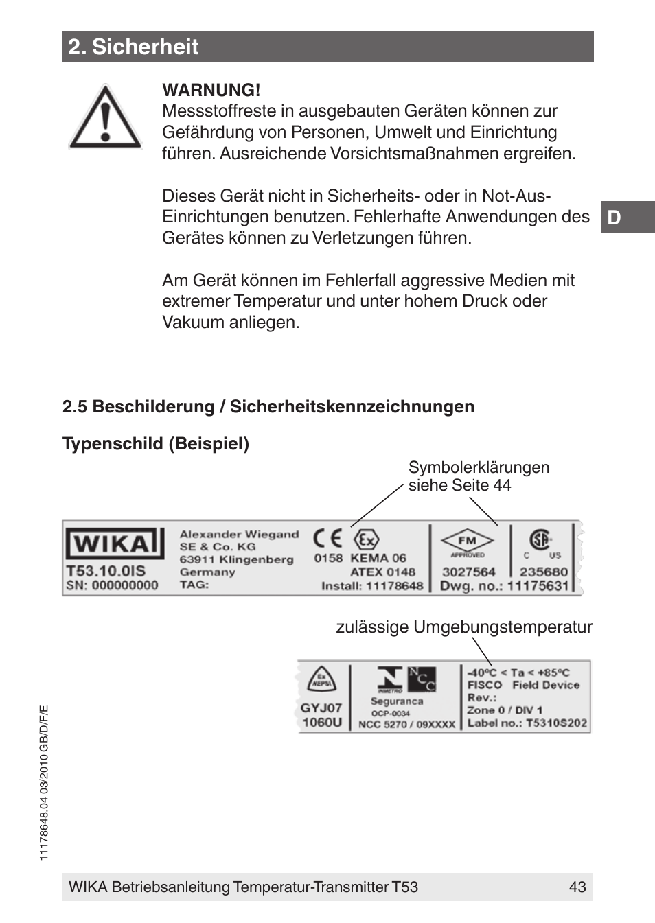 Sicherheit | WIKA T53 User Manual | Page 43 / 100