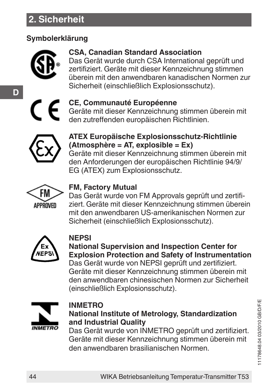 Sicherheit | WIKA T53 User Manual | Page 44 / 100