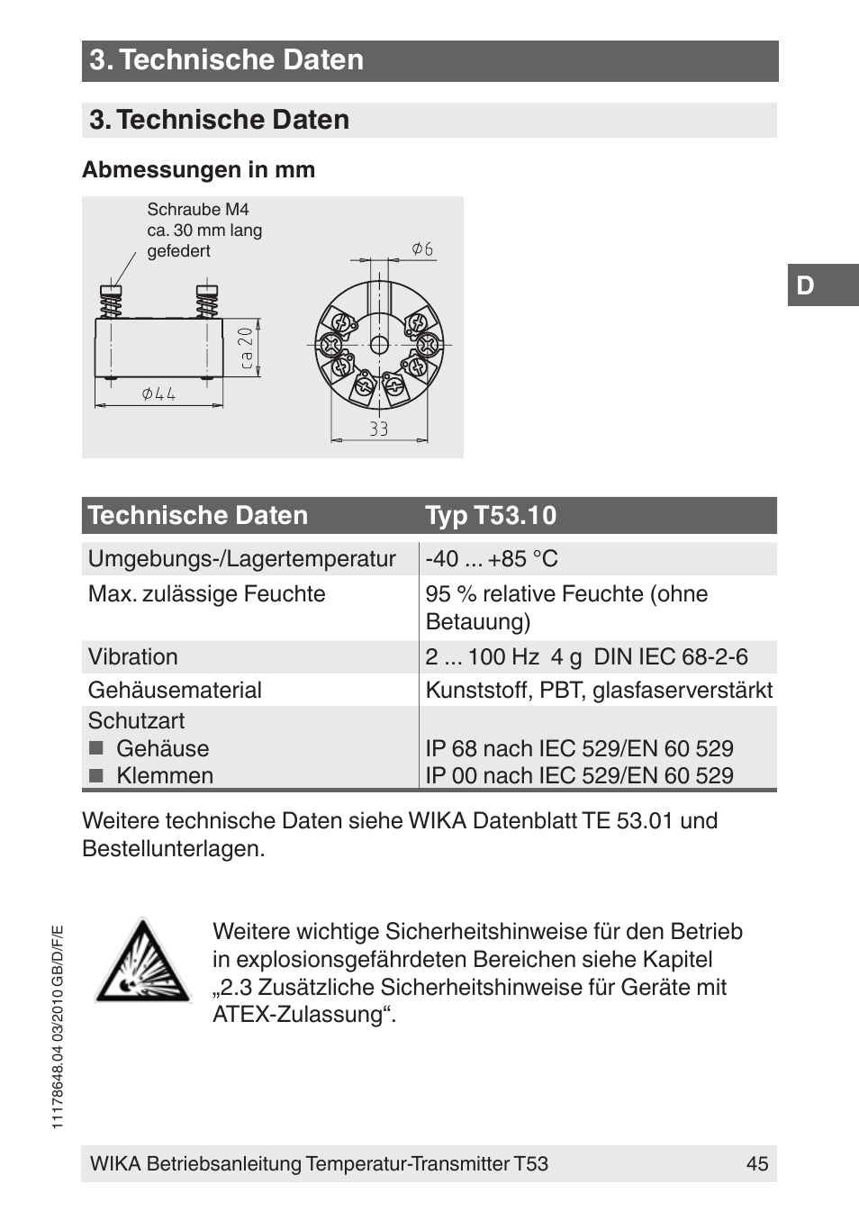 Technische daten, Technische daten typ t53.10 | WIKA T53 User Manual | Page 45 / 100