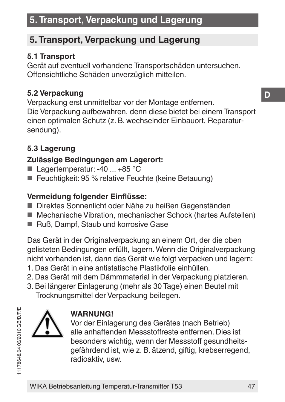 Transport, verpackung und lagerung | WIKA T53 User Manual | Page 47 / 100