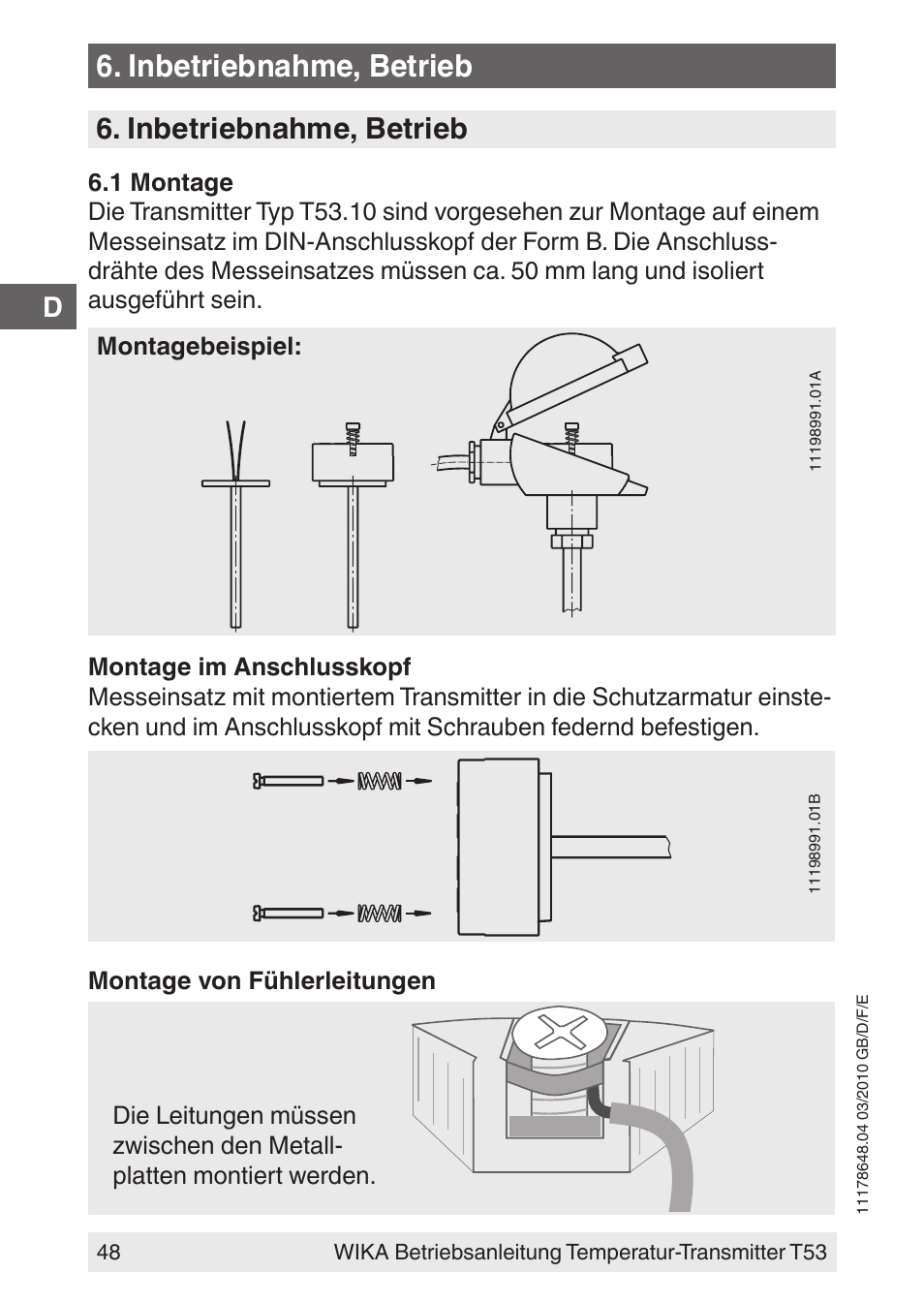 Inbetriebnahme, betrieb | WIKA T53 User Manual | Page 48 / 100