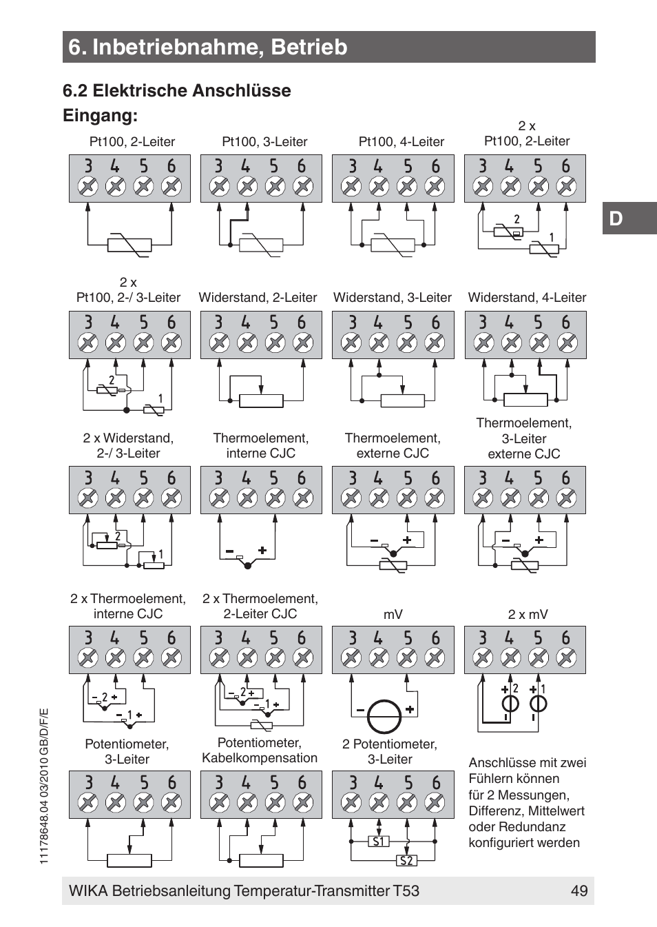 Inbetriebnahme, betrieb, Eingang: 6.2 elektrische anschlüsse | WIKA T53 User Manual | Page 49 / 100