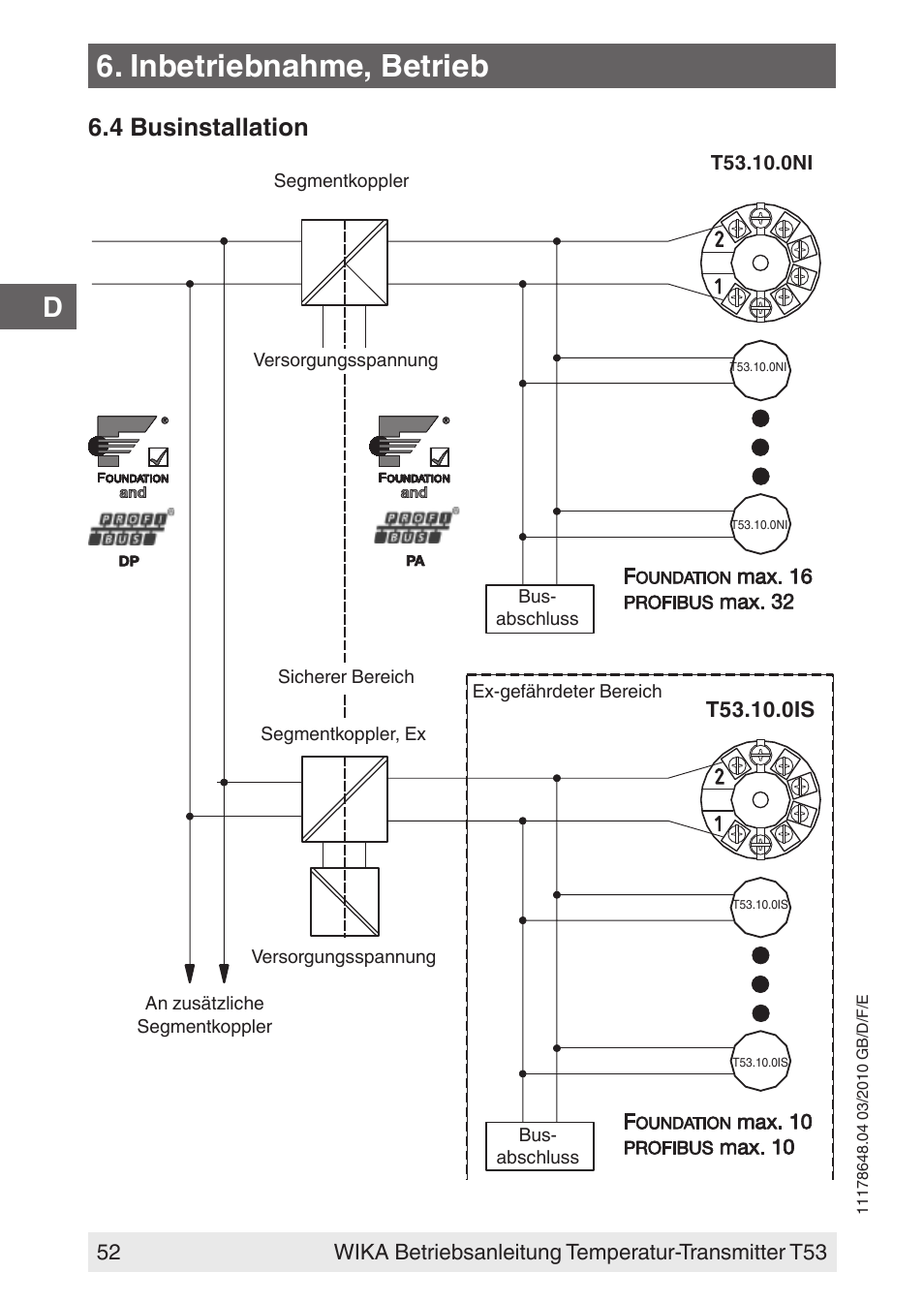 Inbetriebnahme, betrieb, 4 businstallation | WIKA T53 User Manual | Page 52 / 100