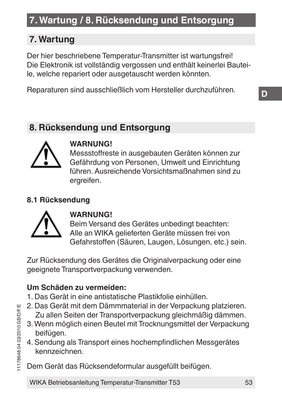 Wartung / 8. rücksendung und entsorgung, Wartung, Rücksendung und entsorgung | WIKA T53 User Manual | Page 53 / 100