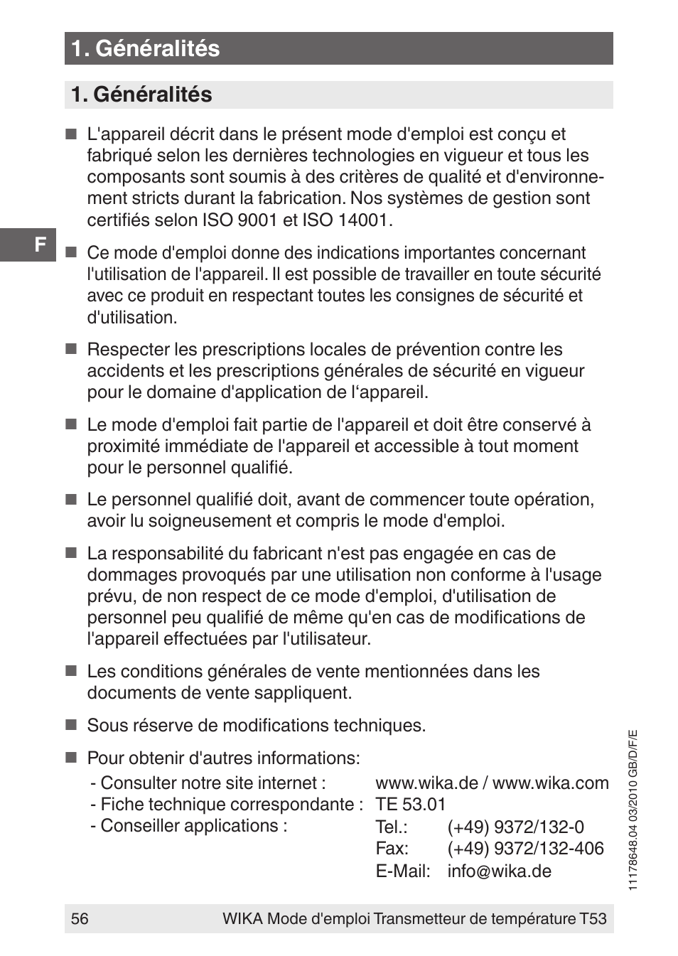 Généralités | WIKA T53 User Manual | Page 56 / 100