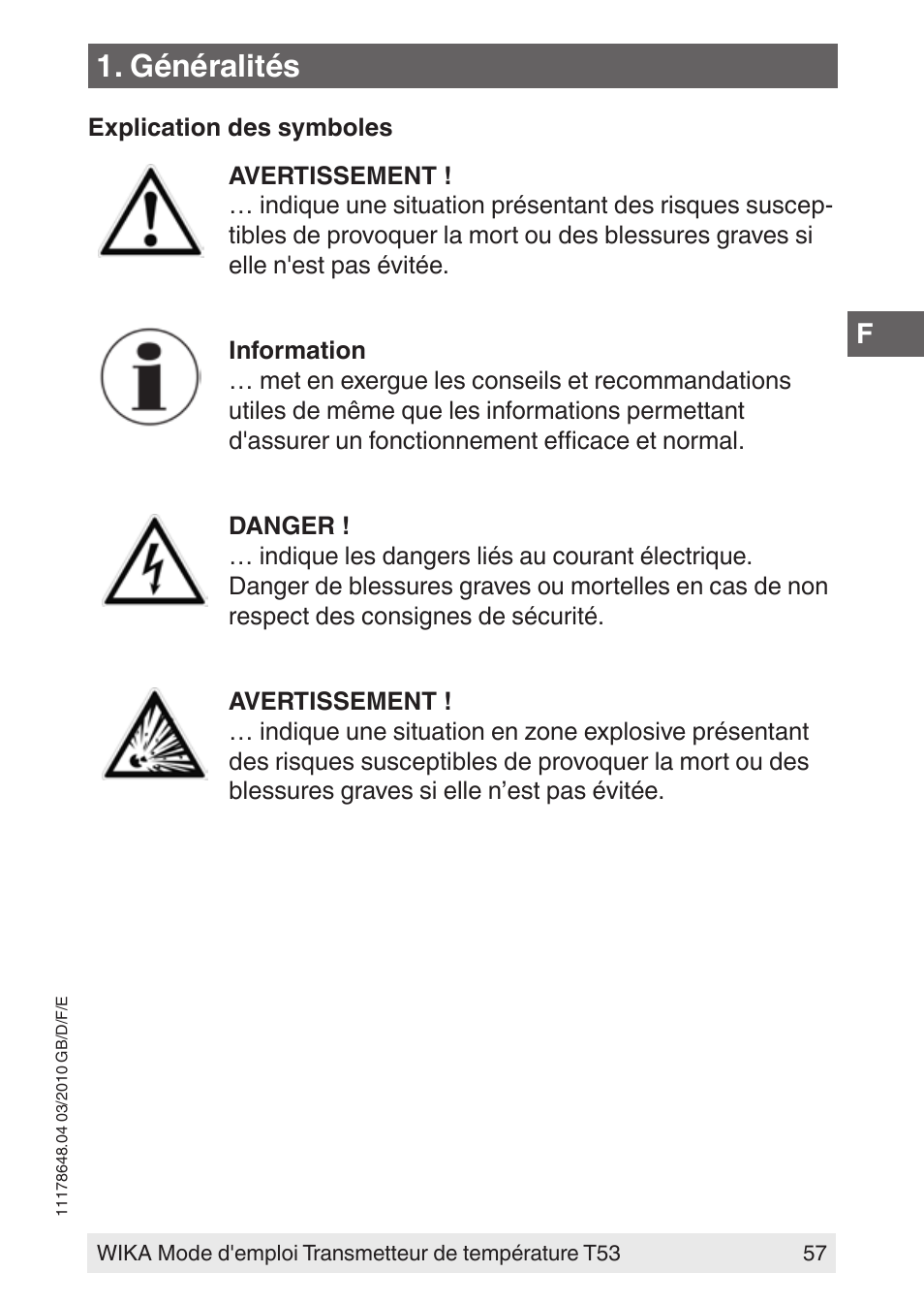 Généralités | WIKA T53 User Manual | Page 57 / 100