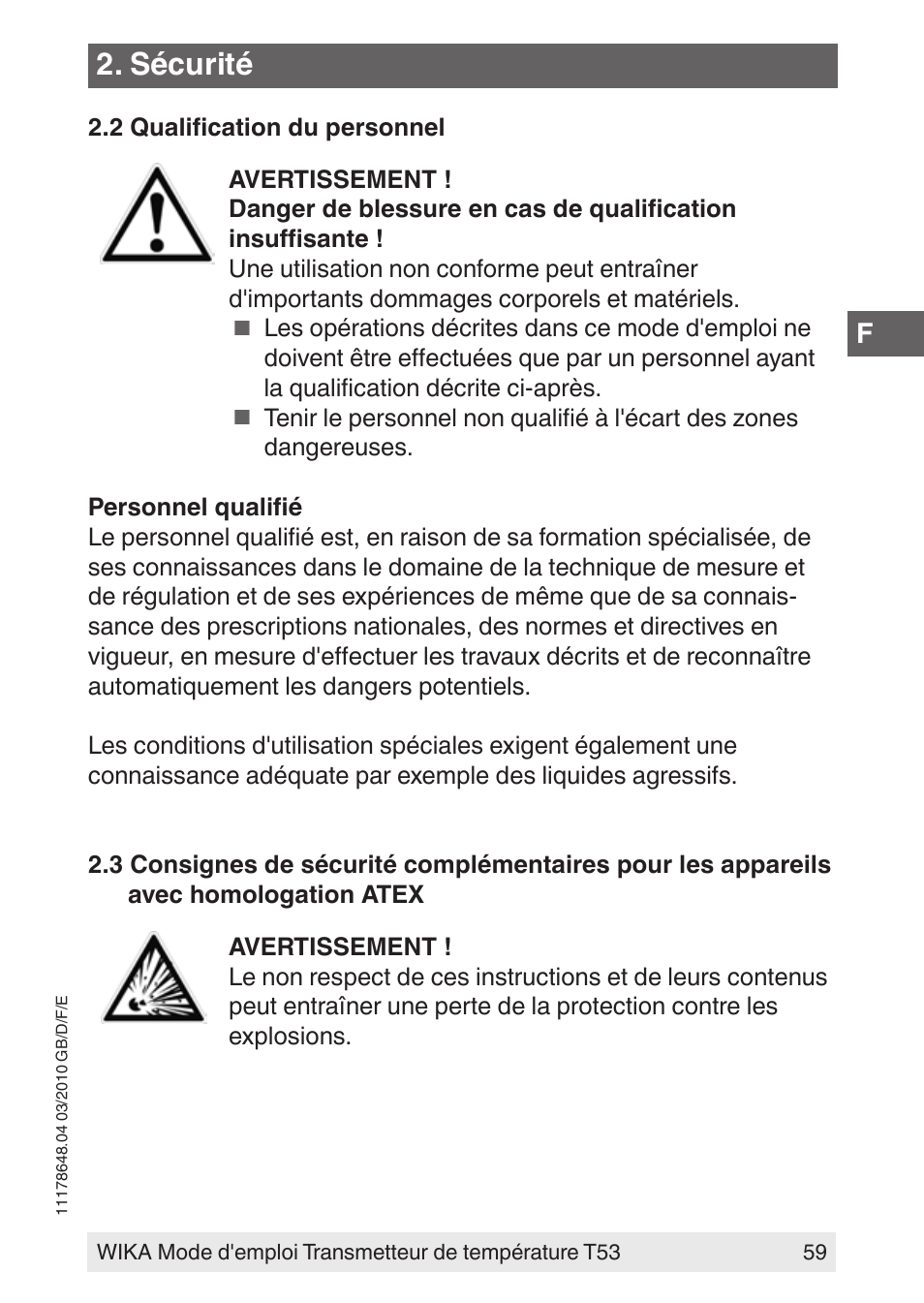 Sécurité | WIKA T53 User Manual | Page 59 / 100