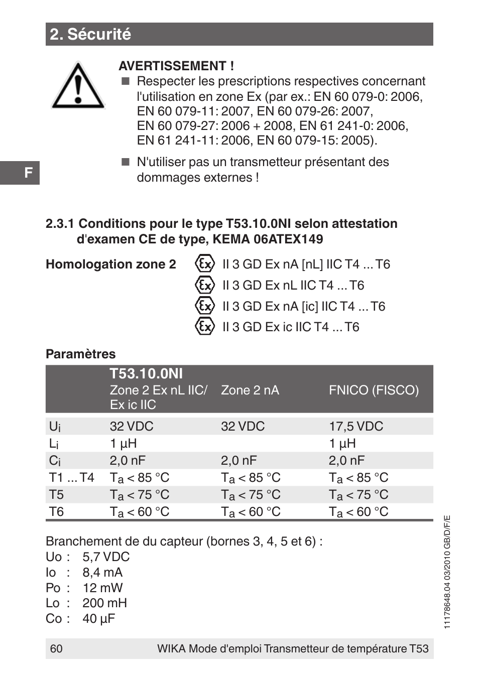 Sécurité | WIKA T53 User Manual | Page 60 / 100