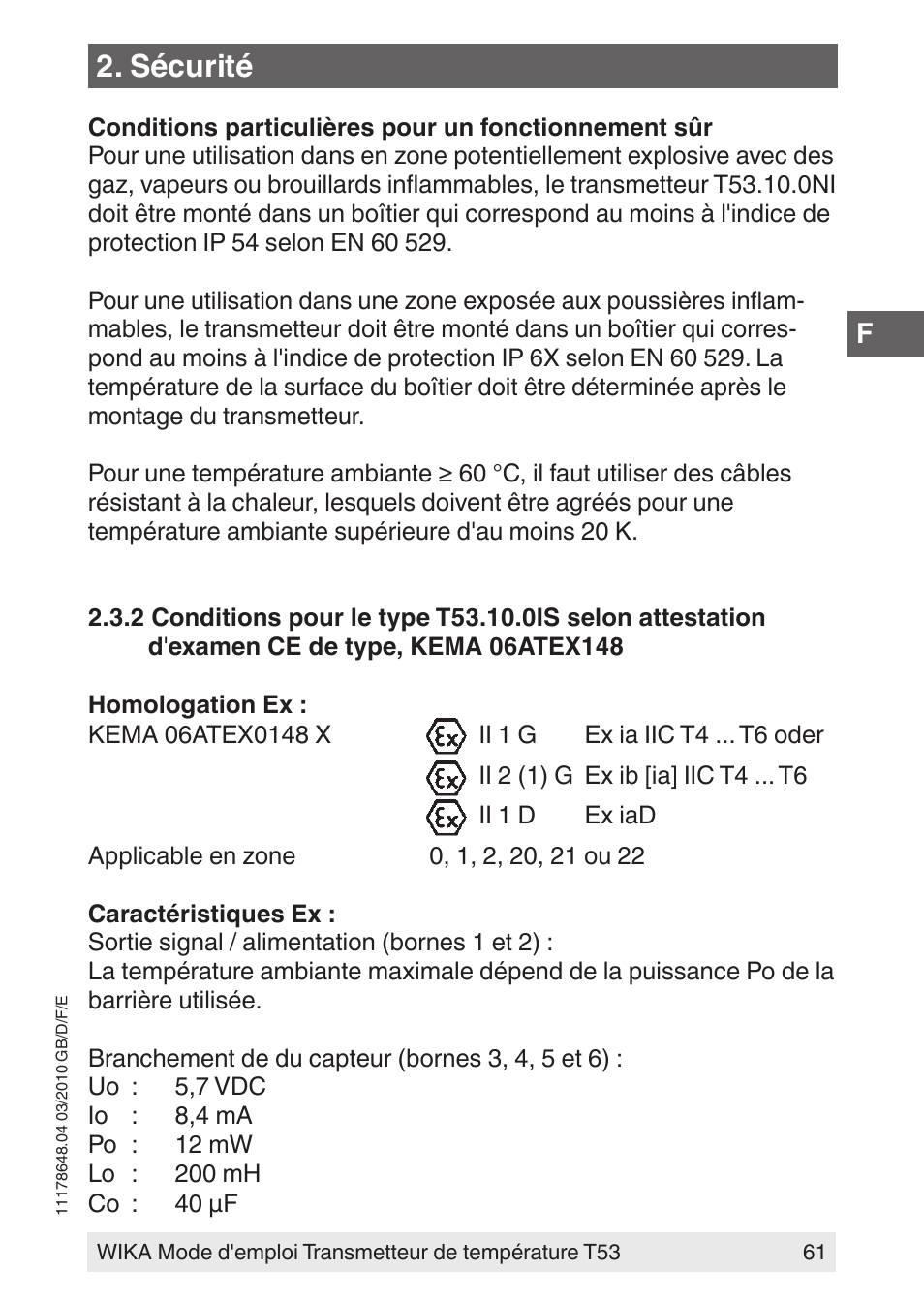 Sécurité | WIKA T53 User Manual | Page 61 / 100