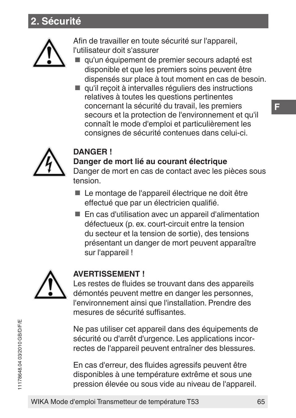 Sécurité | WIKA T53 User Manual | Page 65 / 100