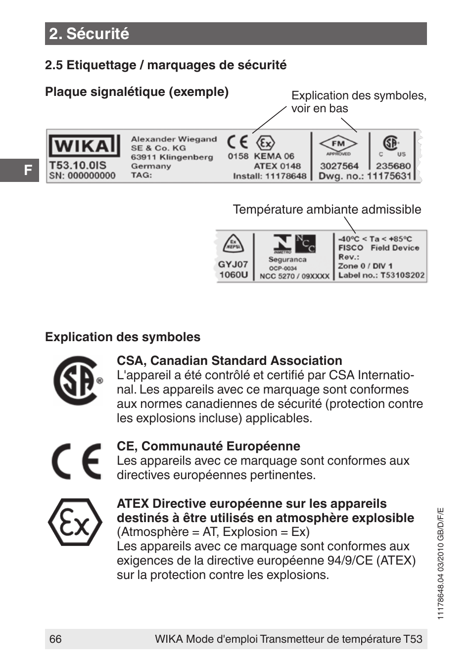 Sécurité | WIKA T53 User Manual | Page 66 / 100