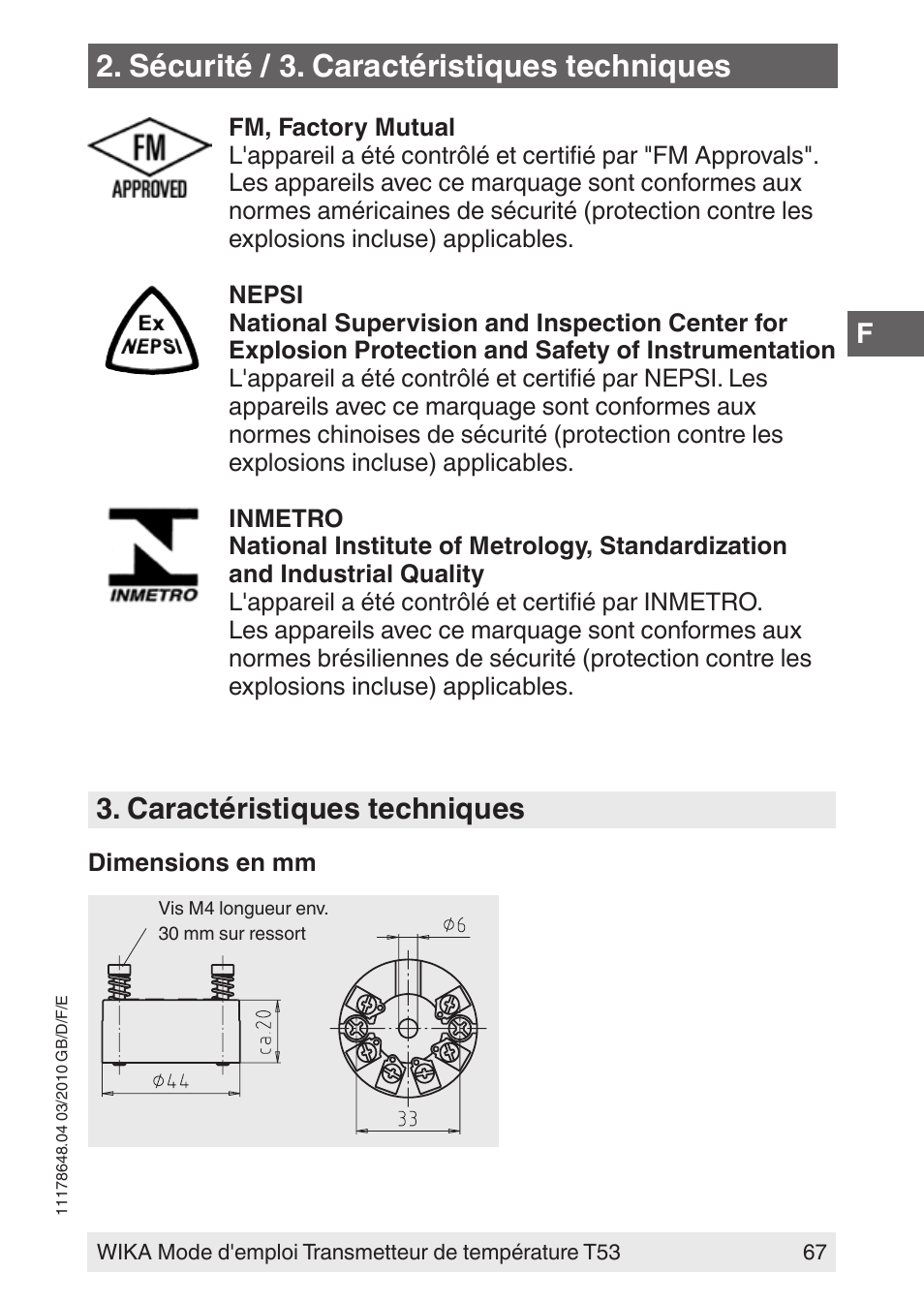 Sécurité / 3. caractéristiques techniques, Caractéristiques techniques | WIKA T53 User Manual | Page 67 / 100